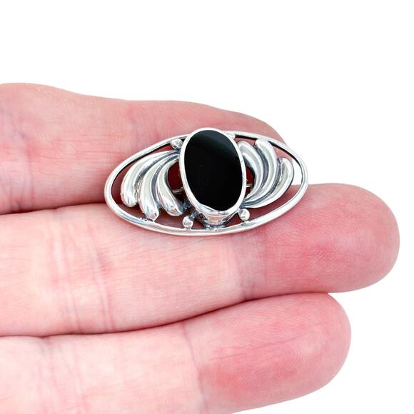 Vintage Sterling Silver 925 Onyx Floral Pin Brooch - Picture 1 of 7